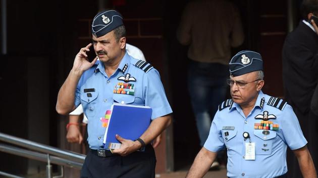 Deputy Chief of Air Staff Air Marshal V R Chaudhari with Air Marshal Anil Khosla (R) leave the Supreme Court after a hearing on Rafale Deal, in New Delhi, Wednesday. (PTI) Deputy Chief of Air Staff Air Marshal V R Chaudhari with Air Marshal Anil Khosla (R) leave the Supreme Court after a hearing on Rafale Deal, in New Delhi, Wednesday. (PTI)