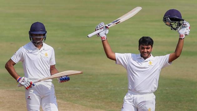 Karnataka batsman B R Sharath celebrates after scoring a century on the third day of Ranji Trophy cricket match against Vidarbha at VCA Stadium, in Nagpur. (PTI) Karnataka batsman B R Sharath celebrates after scoring a century on the third day of Ranji Trophy cricket match against Vidarbha at VCA Stadium, in Nagpur. (PTI)