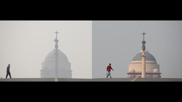 A diptych shows smog engulfed Rashtrapati Bhawan on November 13(L), and November 15 (R), in New Delhi. According to the System of Air Quality and Weather Forecasting and Research (SAFAR), the overall Air Quality Index (AQI) of New Delhi recorded at 342 at around 9.09am as compared to 419 on the previous day, improving the air quality slightly after light rain in past 24-hours. (Burhaan Kinu / HT Photo)