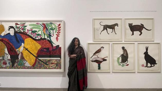 Rekha@Sixty: Transient Worlds of Belonging showcases mixed media works that Baroda-based artist Rekha Rodwittiya created over the past year.(Courtesy: Sakshi Gallery)