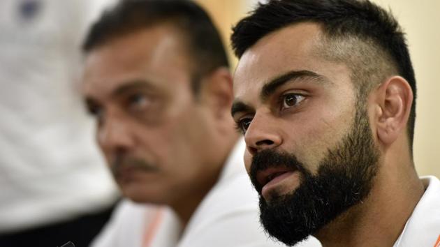 Virat Kohli and head coach Ravi Shastri during press conference at BCCI headquarters in Mumbai.(Kunal Patil/HT Photo)