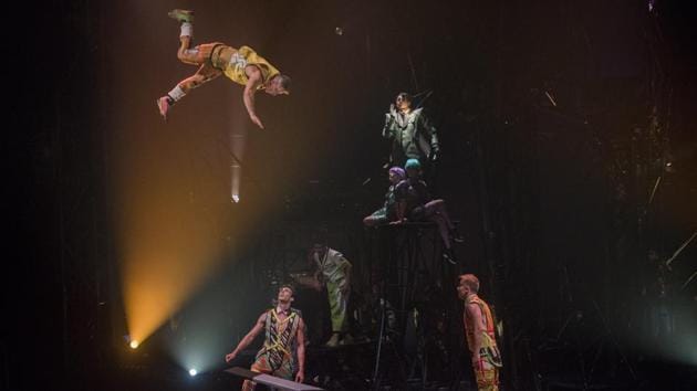 A high point was the teeterboard act — where two men take turns jumping and somersaulting high in the air and landing on the edge of a seesaw-like plank. (Pratik Chorge / HT Photo) A high point was the teeterboard act — where two men take turns jumping and somersaulting high in the air and landing on the edge of a seesaw-like plank. (Pratik Chorge / HT Photo)