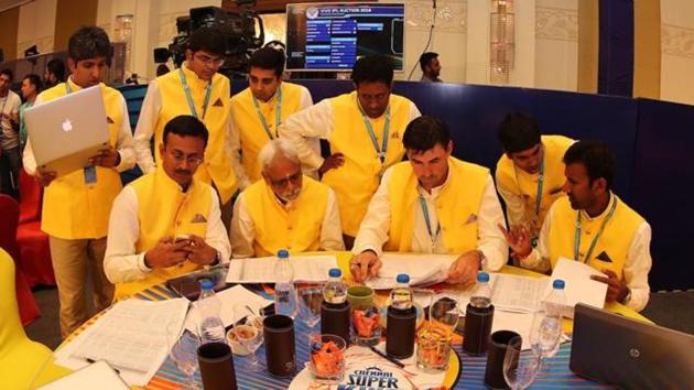 CSK talk tactics during day 2 of the Indian Premier League (IPL) auction held at the ITC Gardenia hotel in Bangalore on the 27th January 2018.(BCCI Photo)