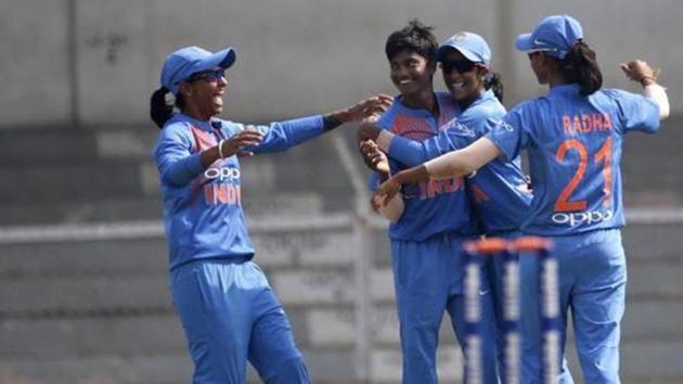 File image of India cricketers celebrating the fall of a wicket.(AP)