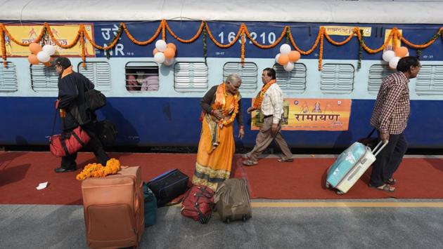 Passengers with their bags outside the newly launched tourist train "Ramayana Express" by Indian Railway Catering and Tourism Corporation (IRCTC) from Safdarjung railway station in New Delhi. (Burhaan Kinu / HT Photo) Passengers with their bags outside the newly launched tourist train "Ramayana Express" by Indian Railway Catering and Tourism Corporation (IRCTC) from Safdarjung railway station in New Delhi. (Burhaan Kinu / HT Photo)