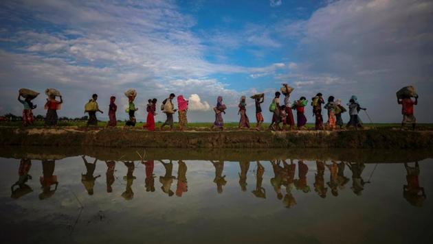 Rohingya refugees are reflected in rain water along an embankment next to paddy fields. (REUTERS) Rohingya refugees are reflected in rain water along an embankment next to paddy fields. (REUTERS)
