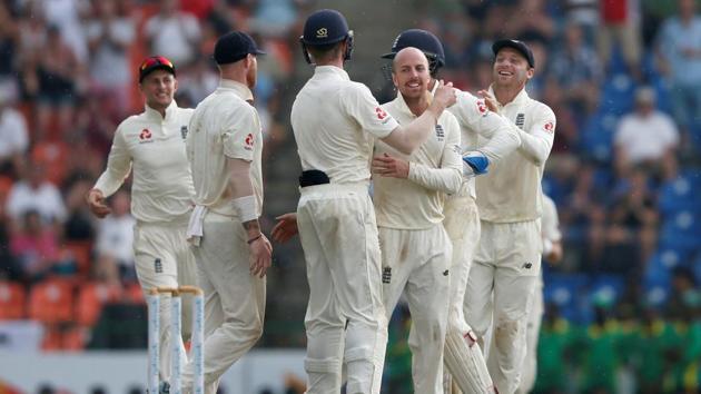 England's Jack Leach (C) celebrates after taking the wicket of Sri Lanka's Dilruwan Perera (not pictured). (REUTERS) England's Jack Leach (C) celebrates after taking the wicket of Sri Lanka's Dilruwan Perera (not pictured). (REUTERS)