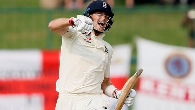 Joe Root celebrates his century during the second Test against Sri Lanka.(REUTERS)