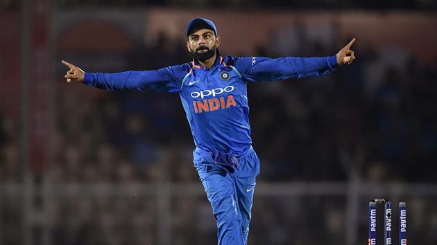 File image: Indian player Virat Kohli celebrates the dismissal of West Indies' batsman Kieran Powell.(PTI)