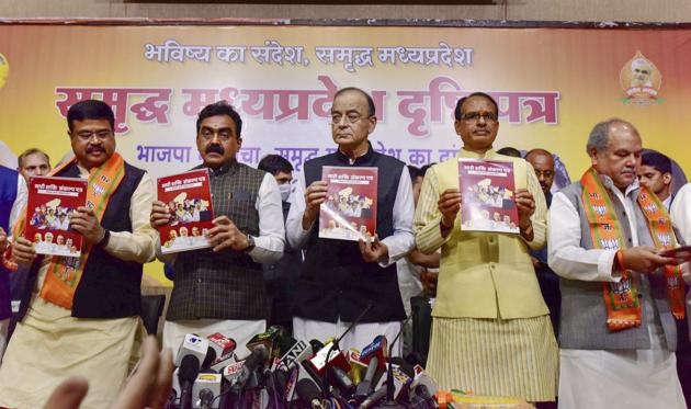 The BJP released its manifesto for the Madhya Pradesh polls, including a separate document for women on Saturday.(PTI)