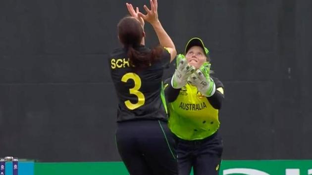 Alyssa Healy and Megan Schutt were involved in a nasty collision. (ICC) Alyssa Healy and Megan Schutt were involved in a nasty collision. (ICC)