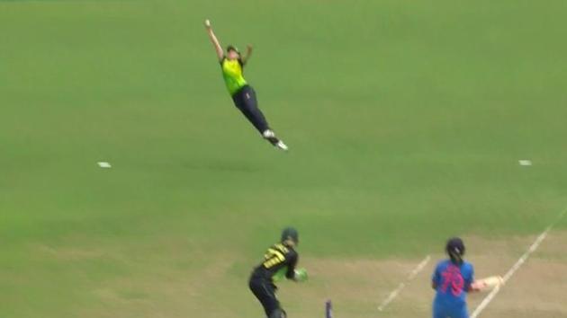 Tayla Vlaeminck took a catch that could be the catch of the tournament. (ICC ) Tayla Vlaeminck took a catch that could be the catch of the tournament. (ICC )