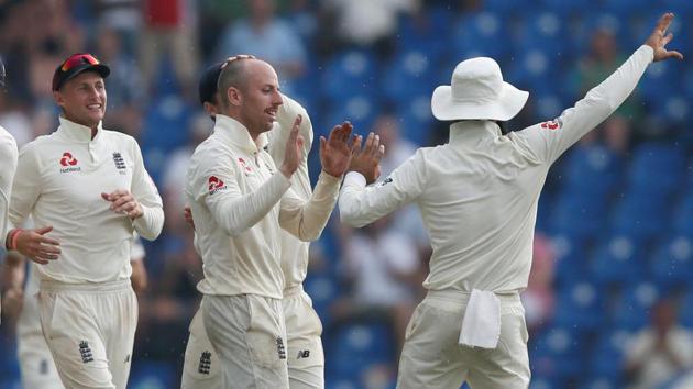 England's Jack Leach (C) celebrates after taking the wicket of Sri Lanka's Dilruwan Perera (REUTERS) England's Jack Leach (C) celebrates after taking the wicket of Sri Lanka's Dilruwan Perera (REUTERS)