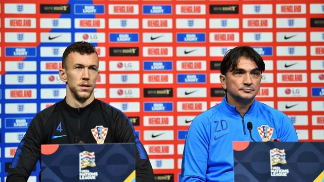 Croatia's midfielder Ivan Perisic (L) and Croatia's manager Zlatko Dalic (R) attend a press conference at Wembley Stadium(AFP)