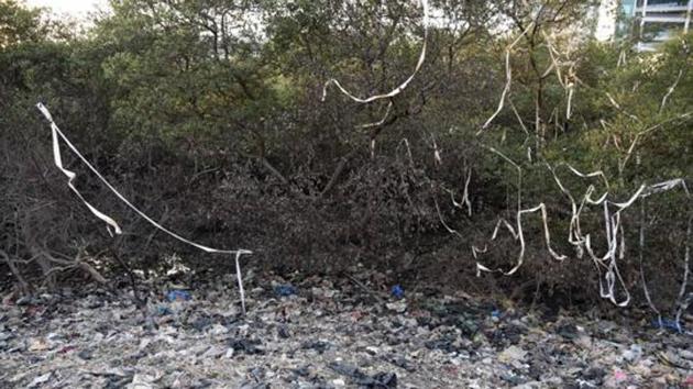 Mangroves have been destroyed by dumping and burning garbage near Vashi railway station.(HT Photo)