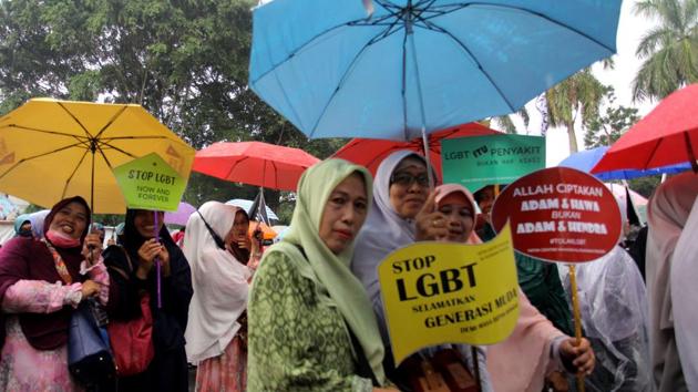Thousands of anti-LGBT demonstrators marching in Bogor, outside the capital Jakarta, fanning fears that authorities would beef up their crackdown in response, as some officials call for carte blanche to arrest and "rehabilitate" LGBT people. (AFP) Thousands of anti-LGBT demonstrators marching in Bogor, outside the capital Jakarta, fanning fears that authorities would beef up their crackdown in response, as some officials call for carte blanche to arrest and "rehabilitate" LGBT people. (AFP)