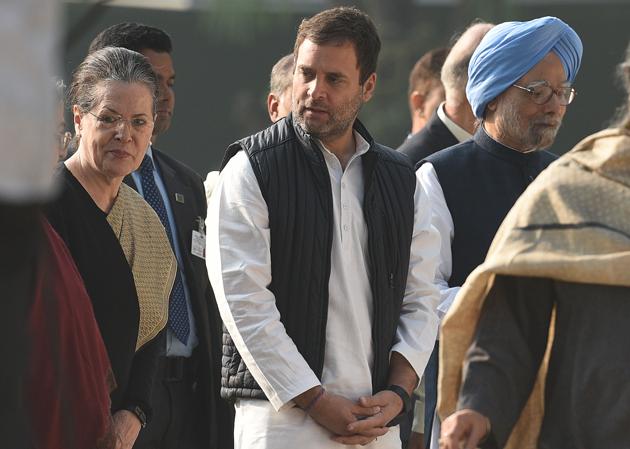 Congress president Rahul Gandhi, UPA chairperson Sonia Gandhi and former Prime Minister Manmohan Singh during a commemorative programme on the occasion of 101st birth anniversary of Indira Gandhi, at Indira Gandhi Memorial Trust (IGMT) in New Delhi. (Raj K Raj / HT Photo) Congress president Rahul Gandhi, UPA chairperson Sonia Gandhi and former Prime Minister Manmohan Singh during a commemorative programme on the occasion of 101st birth anniversary of Indira Gandhi, at Indira Gandhi Memorial Trust (IGMT) in New Delhi. (Raj K Raj / HT Photo)