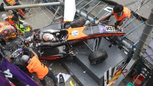 Running 16th,Sophia Floersch lost control in a contact down the straight, launched off a kerb and bounced off. (Twitter) Running 16th,Sophia Floersch lost control in a contact down the straight, launched off a kerb and bounced off. (Twitter)