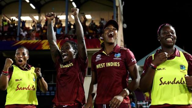 Windies players celebrate after winning a thriller against England.(ICC/Twitter)