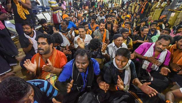 On Monday, Kerala high court questioned the state government’s action against devotees at the Sabarimala temple in the state’s Pathanamthitta district, asking its top law officer to appear before it. “How can the police do such high-handedness in the name of the Supreme Court verdict?” the court asked while hearing a plea questioning last month’s baton charge by the police and its subsequent action on devotees. (PTI) On Monday, Kerala high court questioned the state government’s action against devotees at the Sabarimala temple in the state’s Pathanamthitta district, asking its top law officer to appear before it. “How can the police do such high-handedness in the name of the Supreme Court verdict?” the court asked while hearing a plea questioning last month’s baton charge by the police and its subsequent action on devotees. (PTI)