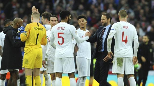 England manager Gareth Southgate shakes hands with Joe Gomez at the end of the UEFA Nations League match against Croatia at the Wembley Stadium.(AP)