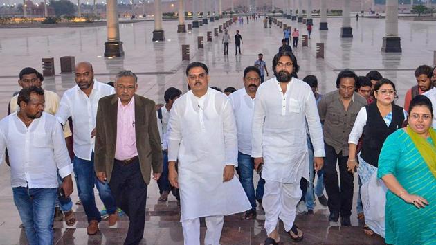 Actor-politician and Jana Sena Party chief Pawan Kalyan during a visit to Ambedker Park in Lucknow on October 24.(PTI File photo)