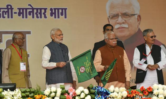 Prime Minister Narendra Modi and Haryana Chief Minister Manohar Lal Khattar inaugurates the Ballabhgarh-Mujesar Metro Rail Line, at Sultanpur village, in Gurugram. Modi was accompanied by Chief Minister Manohar Lal Khattar, Union ministers Rao Inderjit Singh, who is a Gurgaon MP, and Birender Singh. (Kamal Kishore / PTI) Prime Minister Narendra Modi and Haryana Chief Minister Manohar Lal Khattar inaugurates the Ballabhgarh-Mujesar Metro Rail Line, at Sultanpur village, in Gurugram. Modi was accompanied by Chief Minister Manohar Lal Khattar, Union ministers Rao Inderjit Singh, who is a Gurgaon MP, and Birender Singh. (Kamal Kishore / PTI)