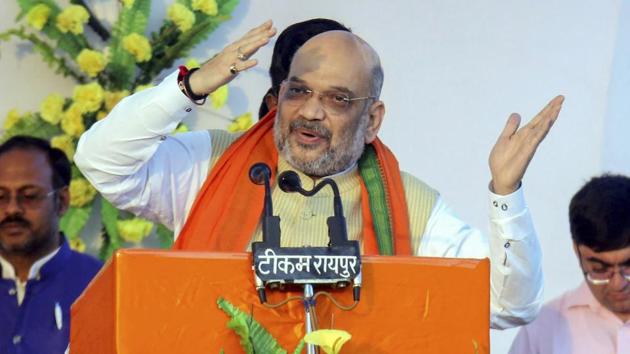 BJP President Amit Shah addresses a rally here in Madhya Pradesh ahead of the November 28 Assembly election.(PTI)