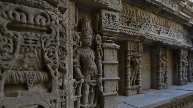 Both the walls of the Vav and the corridors are adorned with sculptures. Vishnu – his different forms, avatars and swaroops – is the main subject of the sculptures. The walls of the well are adorned with carvings of Vishnu in various stages of repose. There are also sculptures of Vishnu with his wife Lakshmi, Shiva-Parvati, Brahma with his consort, Indra, Kuber, Hanuman and others. Then there are sculptures of Apsaras and Nagakanyas. (Sanchit Khanna / HT Photo)