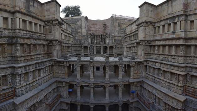 A view of Rani Ki Vav, a stepwell at Patan, Gujarat. Built in the 11th century, it was recognised as a UNESCO World Heritage Site in 2014. Measuring 64 metres in length and 27 metres in depth, it is a subterranean seven-storey structure, lavishly adorned with sculptures of gods, goddesses and other mythological and heavenly creatures that give it the look of a royal or divine abode. (Sanchit Khanna / HT Photo)