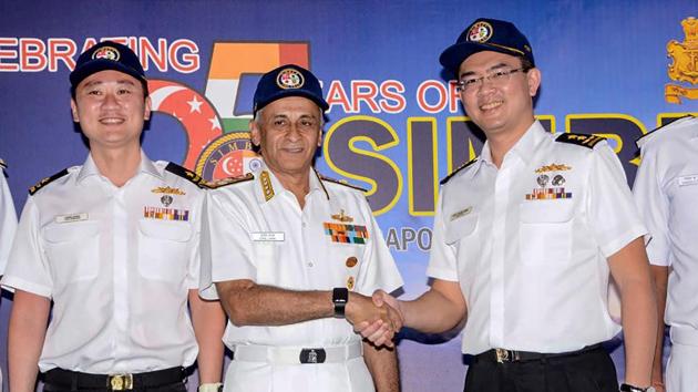 Chief of naval staff Admiral Sunil Lanba with Singapore chief of navy Rear Admiral Lew Chuen Hong. (PTI) Chief of naval staff Admiral Sunil Lanba with Singapore chief of navy Rear Admiral Lew Chuen Hong. (PTI)