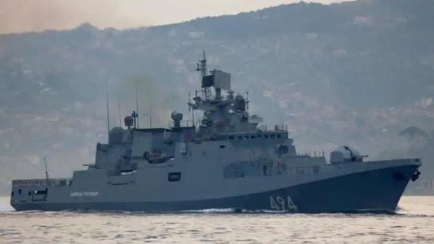 The Russian Navy’s frigate Admiral Grigorovich sails in the Bosphorus on its way to the Mediterranean Sea, in Istanbul, Turkey on April 7.(Reuters file)