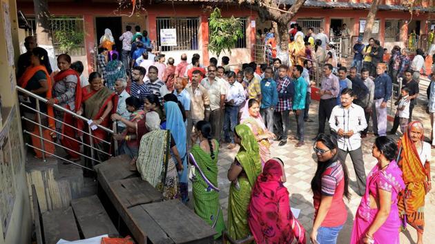 Voters stand in a queue at a polling station to cast their votes in Raipur. Polling is underway for 72 assembly constituencies as part of the second and last phase of elections in Chhattisgarh. The first phase of elections in 18 Maoist-affected assembly constituencies was held on November 12 amid tight security and sporadic incidents of violence. (PTI) Voters stand in a queue at a polling station to cast their votes in Raipur. Polling is underway for 72 assembly constituencies as part of the second and last phase of elections in Chhattisgarh. The first phase of elections in 18 Maoist-affected assembly constituencies was held on November 12 amid tight security and sporadic incidents of violence. (PTI)