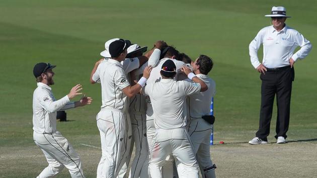 New Zealand players celebrate after beating Pakistan in the first Test. (AFP) New Zealand players celebrate after beating Pakistan in the first Test. (AFP)