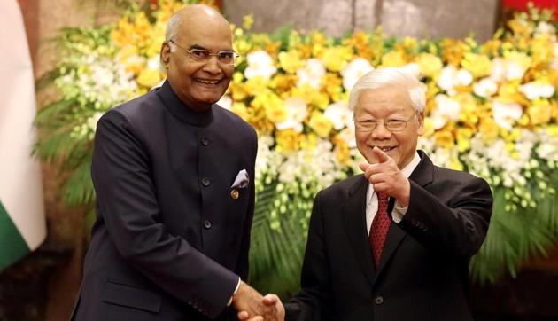 India and Vietnam agreed to further strengthen bilateral strategic cooperation in defence and oil and gas sectors as President Ram Nath Kovind held extensive talks with his counterpart Nguyen Phu Trong on Tuesday. Kovind, on a three-day visit, received a military guard of honour at the Vietnamese Presidential Palace before the talks. (Luong Thai Linh / REUTERS) India and Vietnam agreed to further strengthen bilateral strategic cooperation in defence and oil and gas sectors as President Ram Nath Kovind held extensive talks with his counterpart Nguyen Phu Trong on Tuesday. Kovind, on a three-day visit, received a military guard of honour at the Vietnamese Presidential Palace before the talks. (Luong Thai Linh / REUTERS)