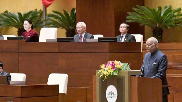 President Ram Nath Kovind addresses at National Assembly House of Vietnam, in Hanoi, Tuesday. (PTI) President Ram Nath Kovind addresses at National Assembly House of Vietnam, in Hanoi, Tuesday. (PTI)