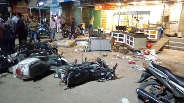 Supporters of Yashpal Gehlot, -the Bikaner district president of Congress, who was dropped from Bikaner East, went on the rampage damaging vehicles and property on Sunday.(HT Photo)