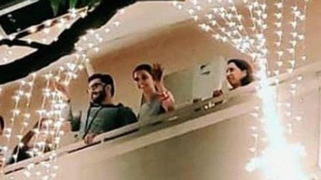 Ranveer Singh and Deepika Padukone spotted on the balcony of her Bengaluru home on Tuesday night.(Instagram)