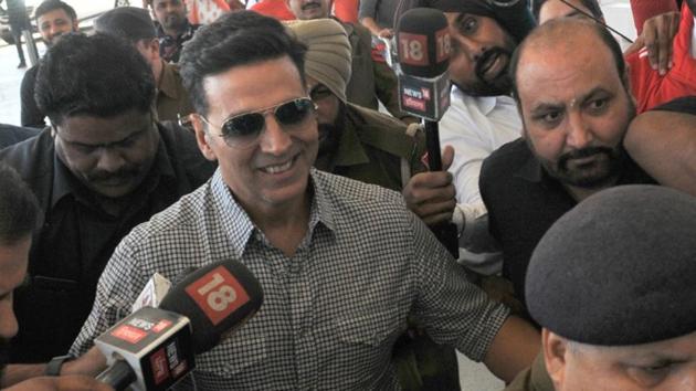 Actor Akshay Kumar at the Chandigarh airport after appearing before the SIT in Chandigarh in connection with a 2015 police firing case. (Ravi Kumar / HT Photo) Actor Akshay Kumar at the Chandigarh airport after appearing before the SIT in Chandigarh in connection with a 2015 police firing case. (Ravi Kumar / HT Photo)