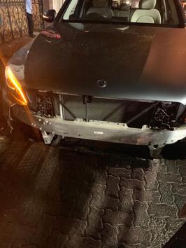 The front portion of Sophie Choudry’s Mercedes was damaged after the accident on Tuesday night at Khar(HT Photo)