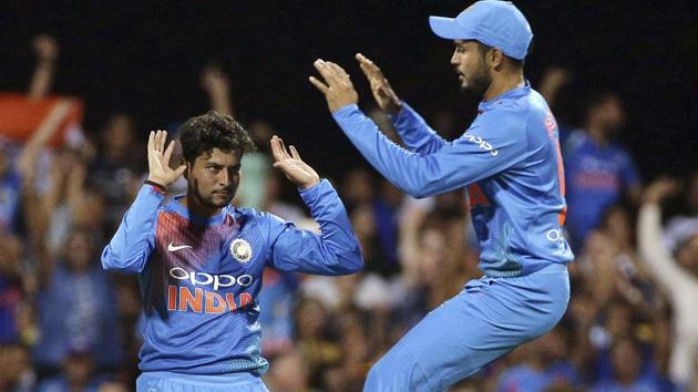 India's Kuldeep Yadav, left, celebrates with Manish Pandey after the dismissal of Australia's Chris Lynn. (AP) India's Kuldeep Yadav, left, celebrates with Manish Pandey after the dismissal of Australia's Chris Lynn. (AP)