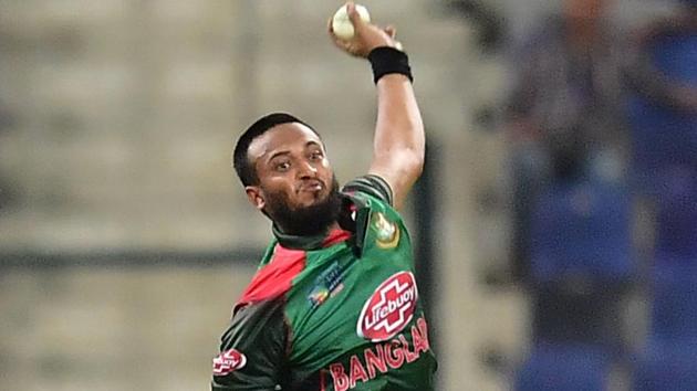 Bangladesh player Shakib Al Hasan bowls during the one day international (ODI) Asia Cup cricket match against Afghanistan.(AFP)