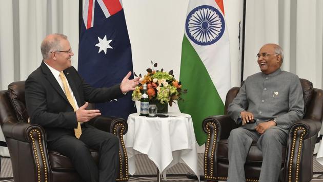 Australia's Prime Minister Scott Morrison(left) laughs with India's President Ram Nath Kovind(Right) during the bilateral talks in Sydney. (AP) Australia's Prime Minister Scott Morrison(left) laughs with India's President Ram Nath Kovind(Right) during the bilateral talks in Sydney. (AP)