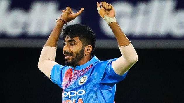 Jasprit Bumrah celebrates the wicket of Australia's batsman Glenn Maxwell during the T20 international cricket match.(AFP)