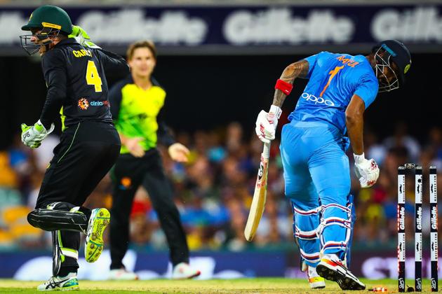 Australia's wicketkeeper Alex Carey (L) appeals for the stumping of India's K.L. Rahul during the T20 international cricket match between Australia and India in Brisbane. (AFP)