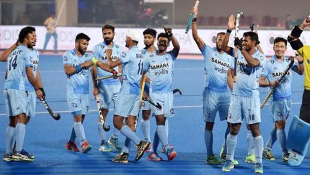 File photo of the Indian hockey team participating in the Men's Hockey World League Final at Kalinga Stadium in Bhubaneswar.(PTI)