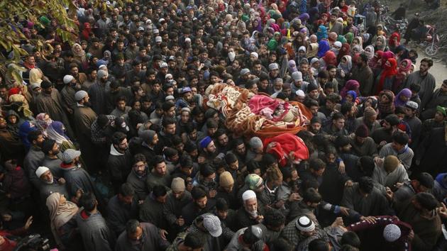 Kashmiri Muslim villagers carry the body of rebel Abid Chopan during his funeral at Shopian, south of Srinagar, Jammu and Kashmir on November 20, 2018. (Mukhtar Khan / AP) Kashmiri Muslim villagers carry the body of rebel Abid Chopan during his funeral at Shopian, south of Srinagar, Jammu and Kashmir on November 20, 2018. (Mukhtar Khan / AP)