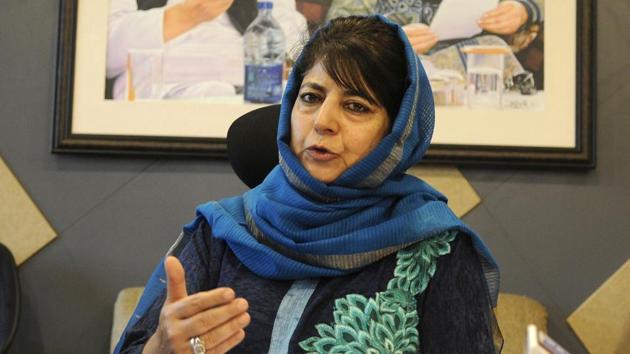 PDP chief Mehbooba Mufti said “the very idea of a grand coalition” had given jitters, in a sharp jibe at her former coalition partner BJP.(Waseem Andrabi/ Hindustan Times) PDP chief Mehbooba Mufti said “the very idea of a grand coalition” had given jitters, in a sharp jibe at her former coalition partner BJP.(Waseem Andrabi/ Hindustan Times)