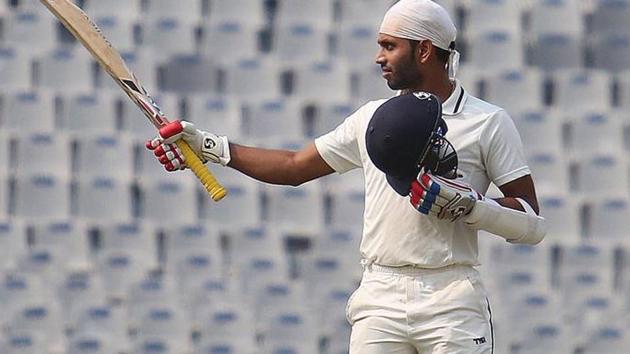 Milind Kumar reacting after he completed his century against Odisha. (Jaipal Singh) Milind Kumar reacting after he completed his century against Odisha. (Jaipal Singh)