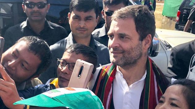Congress President Rahul Gandhi with his supporters during an election rally in Champai, Mizoram, Tuesday, Nov 20, 2018.(PTI)